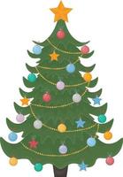 Christmas tree. A bright Christmas tree decorated with festive toys, a garland and a golden star on the top of the head. Christmas pine tree vector illustration isolated on a white background