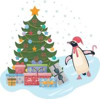 Cute Christmas illustration with a picture of a Christmas tree with gifts, and a cute penguin dancing around the tree. Children s New Year s illustration. Holiday card, vector illustration