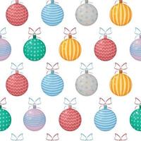 Bright New Year seamless pattern in cartoon style with the image of colorful Christmas toys, in the form of balls. New Year s pattern for printing. Christmas toys for packaging. Vector illustration