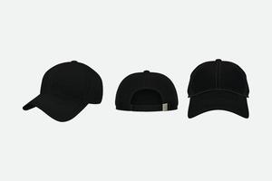 gorra de béisbol vista frontal, trasera y lateral aislada, gorra de béisbol color negro. vector