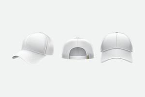 gorra de béisbol vista frontal, trasera y lateral aislada, gorra de béisbol color blanco. vector