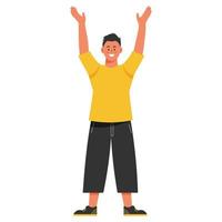 A young man in casual clothes stands and waves his hands. Isolated vector illustration.