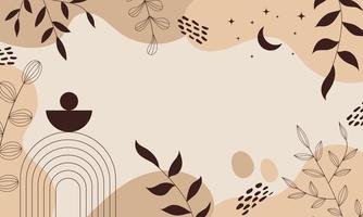 Aesthetic background. Boho background. Background with rainbow, moon, leaves, dots and geometric shapes in boho and aesthetic style. Vector Illustration.