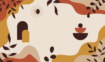 Aesthetic background. Boho background. Background with sun, leaves, dots and geometric shapes in boho and aesthetic style. Vector Illustration.