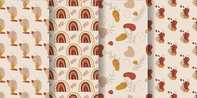 Aesthetic patterns. Boho patterns. Set of seamless pattern with  rainbows, moon, sun, leaves, dots and abstract shapes in boho and aesthetic style. Vector Illustration.