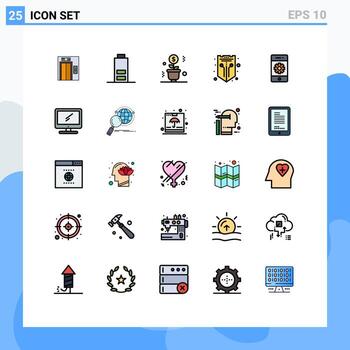 Set of 25 Vector Filled line Flat Colors on Grid for communications web plant shield network Editable Vector Design Elements