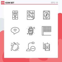 Mobile Interface Outline Set of 9 Pictograms of envelope love report heart smartphone Editable Vector Design Elements