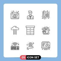 Pack of 9 Modern Outlines Signs and Symbols for Web Print Media such as interface cloud man stair telephone Editable Vector Design Elements