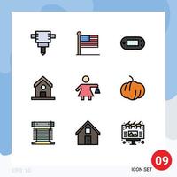 User Interface Pack of 9 Basic Filledline Flat Colors of pumpkin woman psp shopping science Editable Vector Design Elements