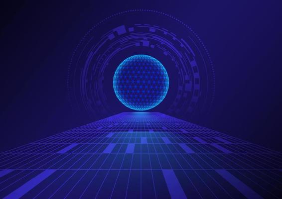 Abstract sphere and circuit board on perspective grid technology background.
