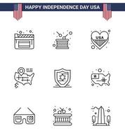 Set of 9 Modern Lines pack on USA Independence Day shield american american american location Editable USA Day Vector Design Elements