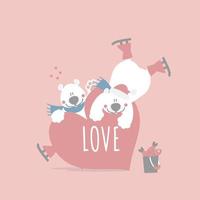 lindo y encantador oso de peluche dibujado a mano abrazando el corazón con patinaje sobre hielo, feliz día de San Valentín, concepto de amor, diseño de vestuario de personaje de dibujos animados de ilustración vectorial plana vector