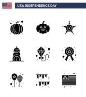 feliz día de la independencia 9 paquete de iconos de glifos sólidos para web e impresión policía estrella voladora verano usa elementos de diseño vectorial editables del día de usa vector