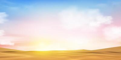cielo de puesta de sol con escena de nubes sobre arena de playa por la noche, horizonte vectorial cielo de polvo romántico en primavera o verano, naturaleza horizontal pintoresco paisaje desértico dunas de arena con amanecer en la mañana vector