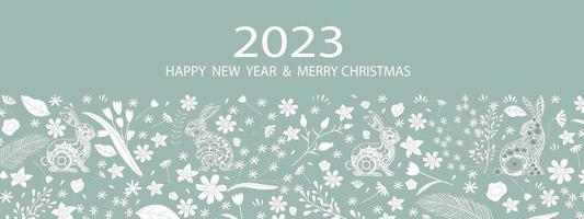 2023 Happy New Year and Mery Christmas banner,Vector Beautiful Greeting card or backdrop of Paper cut Rabbits with Cute Spring flowers and other elements on green background. vector