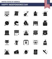 Happy Independence Day USA Pack of 25 Creative Solid Glyph of money american guiter usa bag Editable USA Day Vector Design Elements