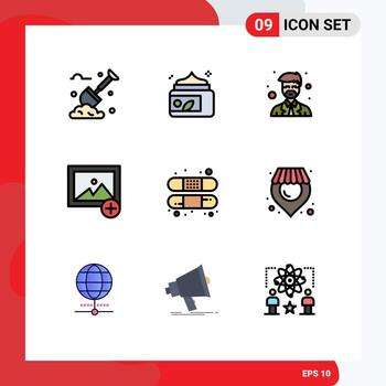 paquete de interfaz de usuario de 9 colores planos básicos de línea rellena de foto de instructor de ayuda de vendaje agregar elementos de diseño vectorial editables vector