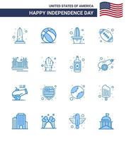 Group of 16 Blues Set for Independence day of United States of America such as bridge sports usa rugby pot Editable USA Day Vector Design Elements
