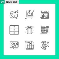 paquete de 9 iconos de estilo de línea establece símbolos de esquema para imprimir signos creativos aislados en fondo blanco 9 conjunto de iconos vector