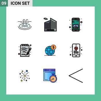 9 Universal Filledline Flat Color Signs Symbols of globe global application dollar note Editable Vector Design Elements