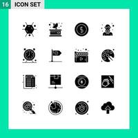 User Interface Pack of 16 Basic Solid Glyphs of clock worker coin woman employee Editable Vector Design Elements