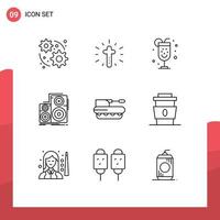 Mobile Interface Outline Set of 9 Pictograms of military cannon night studio monitor Editable Vector Design Elements