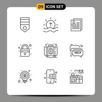 Pack of 9 creative Outlines of lock personal shine file contact Editable Vector Design Elements