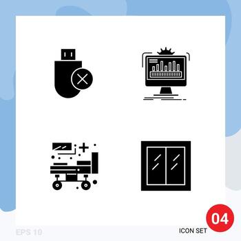 conjunto moderno de 4 glifos y símbolos sólidos, como computadoras que procesan elementos de diseño de vectores editables del hospital de administración eliminados
