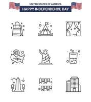 USA Independence Day Line Set of 9 USA Pictograms of liberty location pin leisure wisconsin states Editable USA Day Vector Design Elements