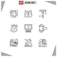 9 User Interface Outline Pack of modern Signs and Symbols of computer fruit slippers summer salon Editable Vector Design Elements