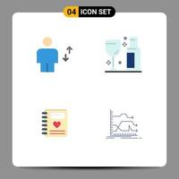 conjunto moderno de 4 iconos planos pictograma de elementos de diseño vectorial editables de corazón de vidrio humano de cuaderno de avatar vector