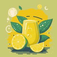Yellow Lemon Juice Vector Illustration . Lemonade smoothie on Glass and Lemon Fruits