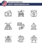 Set of 9 Vector Lines on 4th July USA Independence Day such as flag american white landmark security Editable USA Day Vector Design Elements