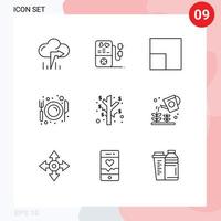 conjunto de pictogramas de 9 contornos simples de elementos de diseño de vector editables de restaurante de inversión de comedor de beneficio de jardín