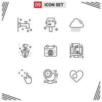 Universal Icon Symbols Group of 9 Modern Outlines of globe day canada calender heart Editable Vector Design Elements