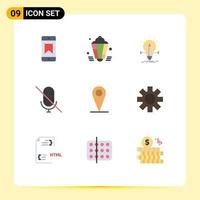 Flat Color Pack of 9 Universal Symbols of map mute bulb microphone pencil Editable Vector Design Elements