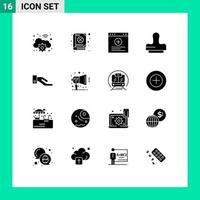 Universal Icon Symbols Group of 16 Modern Solid Glyphs of announcement hand browser alms press Editable Vector Design Elements