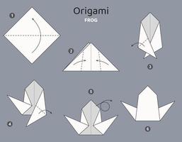 Tutorial Frog origami scheme. isolated origami elements on grey backdrop. Origami for kids. Step by step how to make origami frog. Vector illustration.