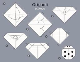 Tutorial ladybug origami scheme. isolated origami elements on grey backdrop. Origami for kids. Step by step how to make origami ladybug. Vector illustration.