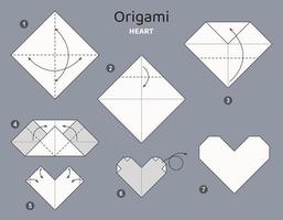 Tutorial Heart origami scheme. isolated origami elements on grey backdrop. Origami for kids. Step by step how to make origami heart. Vector illustration.