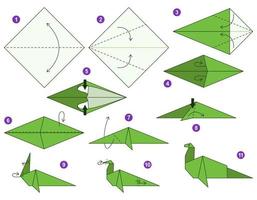 Dinosaur origami scheme tutorial moving model. Origami for kids. Step by step how to make a cute origami Dinosaur. Vector illustration.