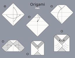 esquema de origami de búho tutorial. elementos de origami aislados sobre fondo gris. papiroflexia para niños. paso a paso como hacer un buho de origami. ilustración vectorial vector