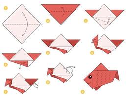 Fish origami scheme tutorial moving model. Origami for kids. Step by step how to make a cute origami Fish. Vector illustration.