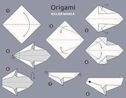 Tutorial Killer Whale origami scheme. isolated origami elements on grey backdrop. Origami for kids. Step by step how to make origami killer whale. Vector illustration.
