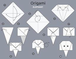 Tutorial Elephant origami scheme. isolated origami elements on grey backdrop. Origami for kids. Step by step how to make origami elephant. Vector illustration.