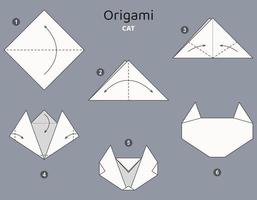 esquema de origami de gato tutorial. elementos de origami aislados sobre fondo gris. papiroflexia para niños. paso a paso como hacer un gato de origami. ilustración vectorial vector