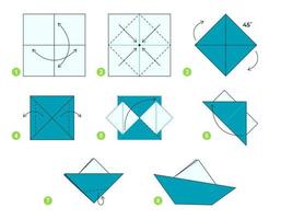 Ship origami scheme tutorial moving model. Origami for kids. Step by step how to make a cute origami ship. Vector illustration.