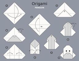 Tutorial penguin origami scheme. isolated origami elements on grey backdrop. Origami for kids. Step by step how to make origami penguin. Vector illustration.