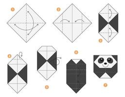 Panda origami scheme tutorial moving model. Origami for kids. Step by step how to make a cute origami Panda. Vector illustration.