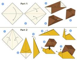 Snail origami scheme tutorial moving model. Origami for kids. Step by step how to make a cute origami snail. Vector illustration.